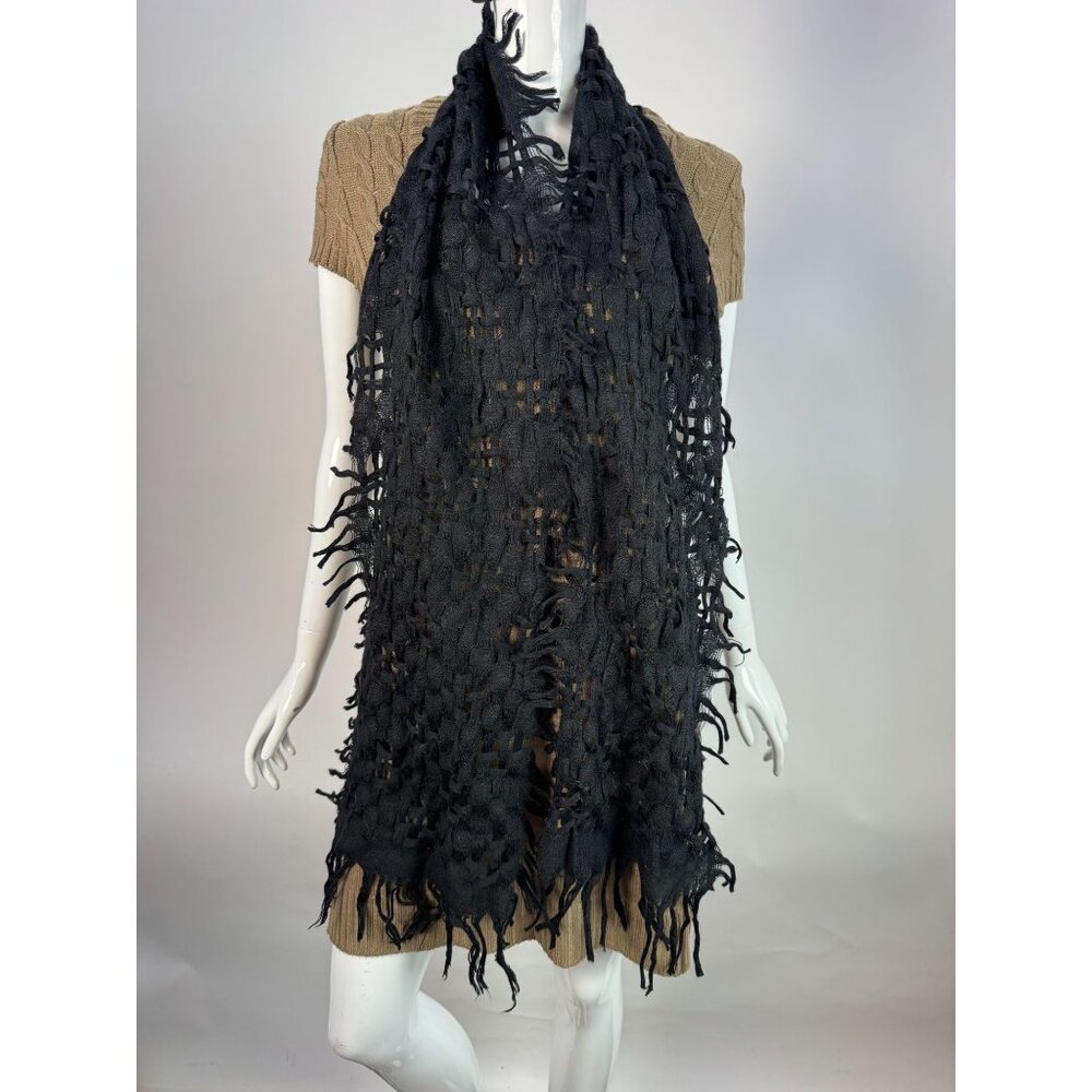 Handwoven Black Fringe Knit Scarf Wrap Shawl Cozy Lightweight Accessory